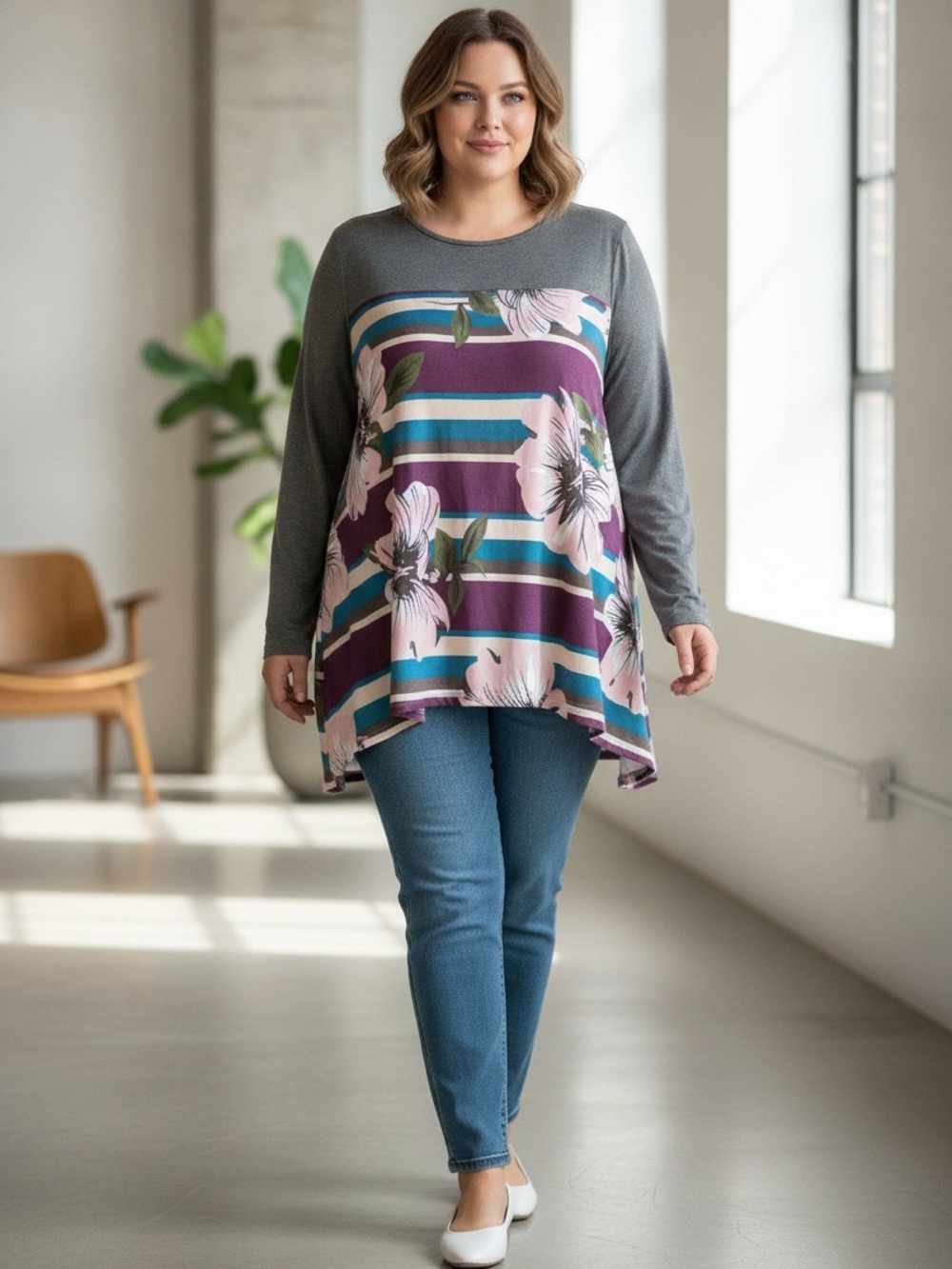 Bloomchic Plus Size Big Floral Tunic Colour block Top Size 28